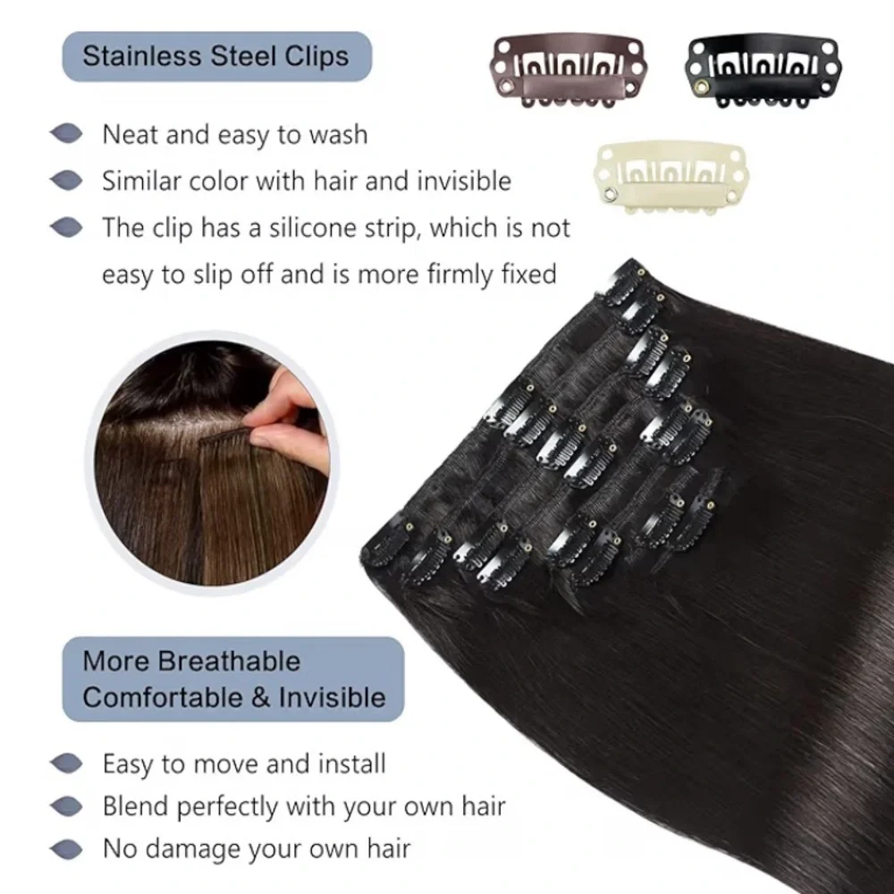 Natural Black Double Weft Clip In Remy Extensions 100% Human Hair #1B  8Pcs 120g